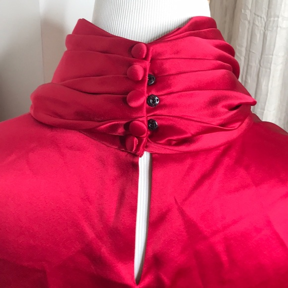 VTG Red Silk Satin Balloon Button Sleeve Blouse L - Picture 5 of 16